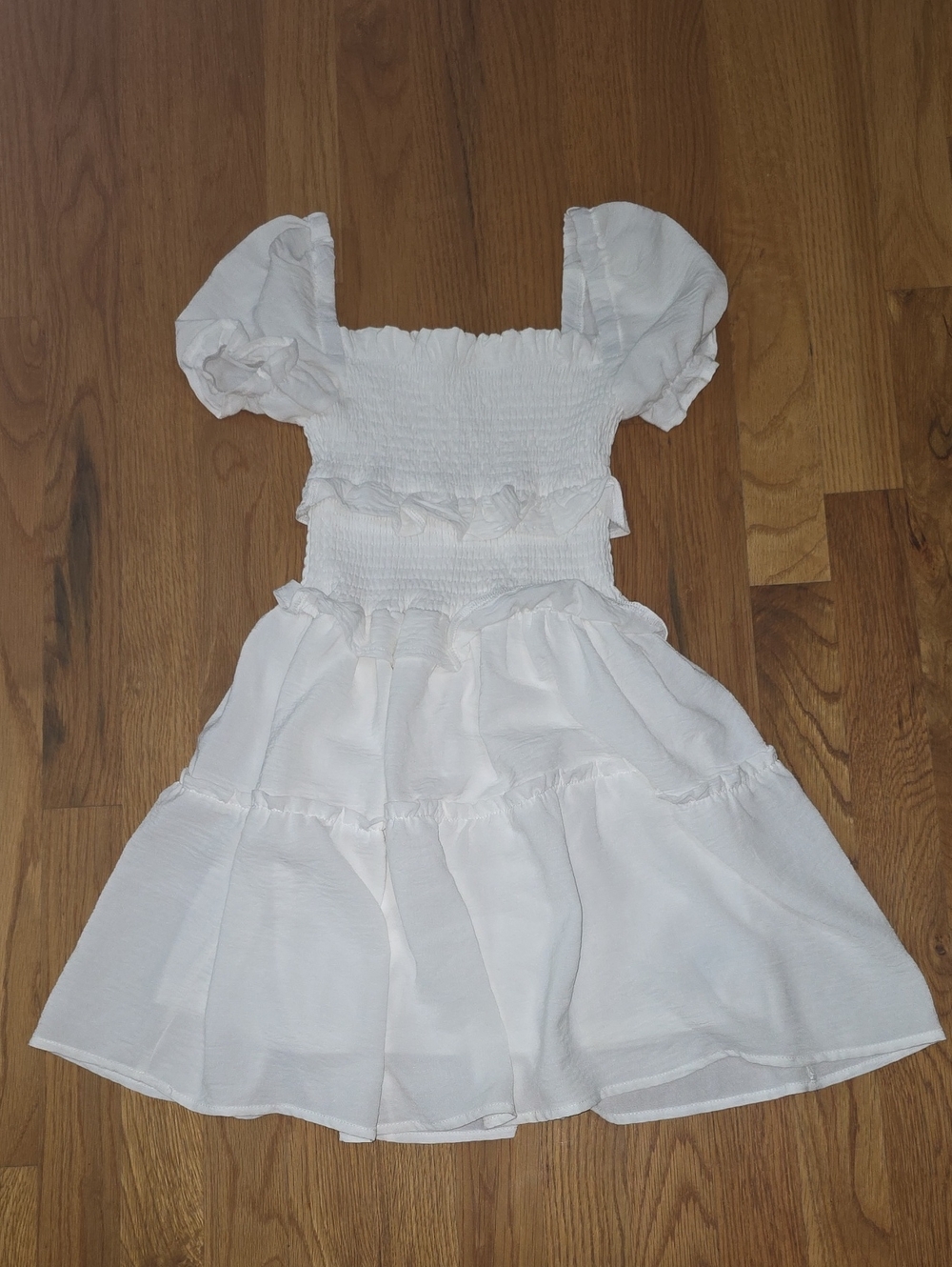 White Linen Smocked Puff Sleeve Kids Dress